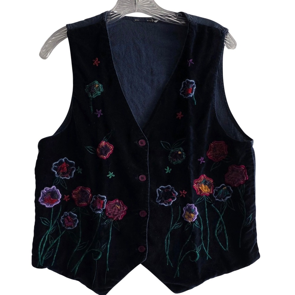 Vintage 90s Dark Navy Velvet Vest Large Whimsigoth Wildflowers Embroidery